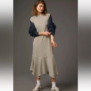 Anthropologie Daily Practice Black White Striped Midi Dress Petite XS NWT